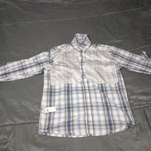Patagonia Sun Stretch Shirt Mens M Blue Plaid Long Sleeve Backcountry Zip Pocket - Picture 7 of 16